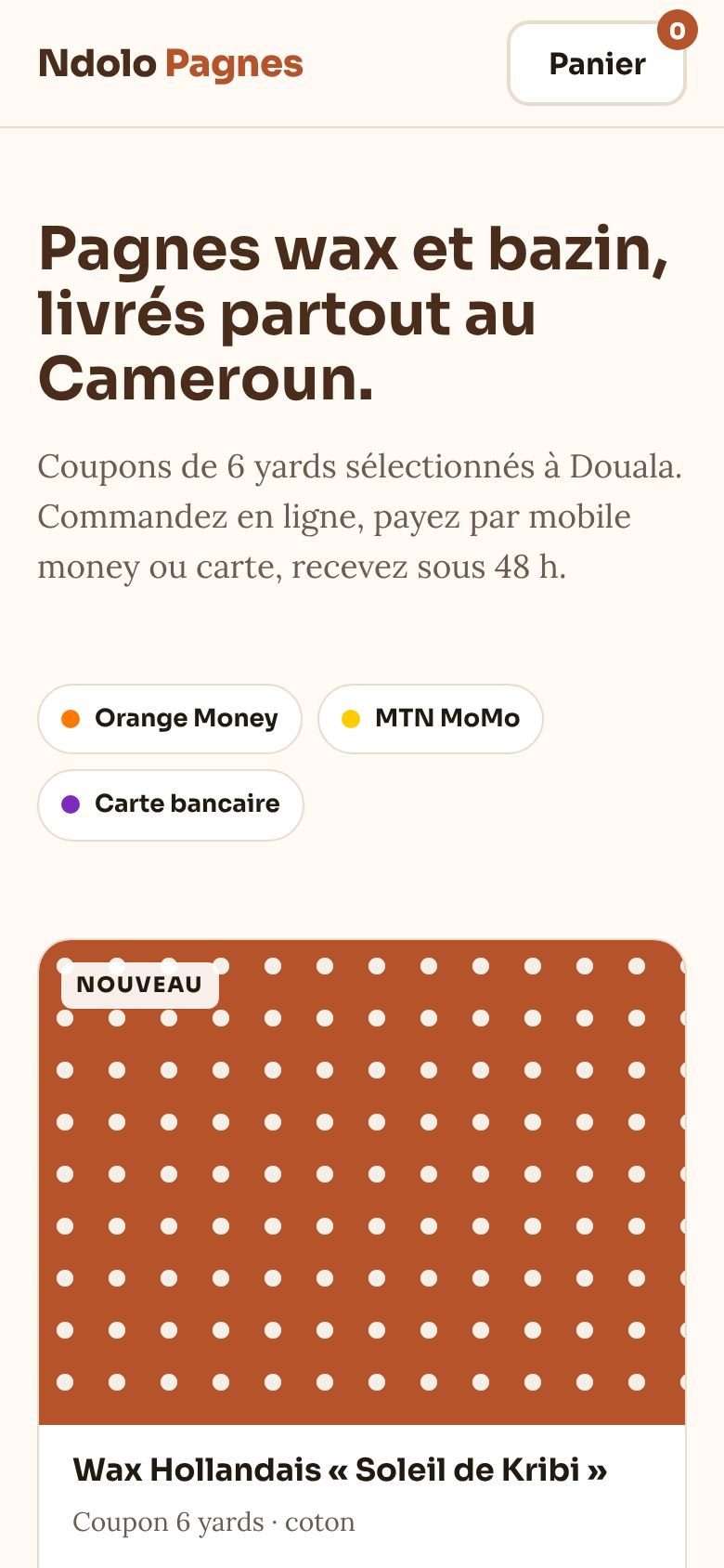 Boutique en ligne sur téléphone : Ndolo Pagnes, paiement Orange Money et MTN MoMo
