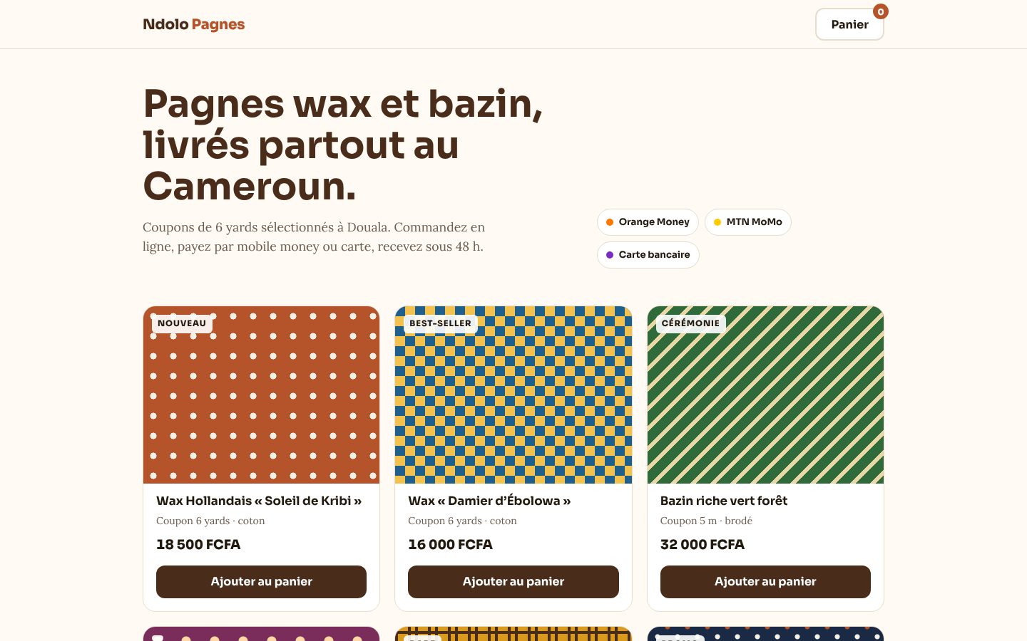 Boutique en ligne Ndolo Pagnes réalisée avec Nkapweb