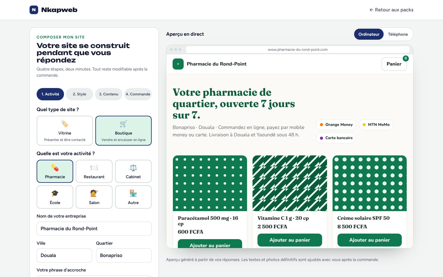Le configurateur Nkapweb : formulaire à gauche, aperçu du site à droite